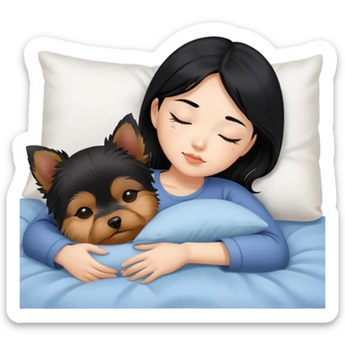 pretty asian girl with black hair sleeping in bed with small yorkshire terrier sticker