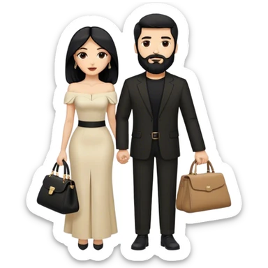 the Lebanese white skinned man with black hair and beard dressed in all black, and the Palestinian woman in an elegant off-shoulder cream-colored outfit with a matching handbag. sticker
