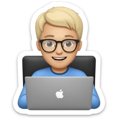 nerdy developer with glasses and prominent teeth, using a laptop, simple, clear sticker