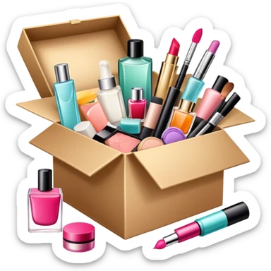 an opened box with various beauty items spilling out, including makeup, skincare, and perfume sticker
