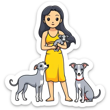 Slim Chinese woman with long black hair in beach attire at the beach with her Italian greyhound that is COMPLETELY solid grey, with absolutely NO white markings on face, snout, or anywhere else, single uniform grey color throughout entire dog body sticker