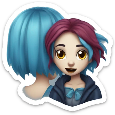 cute blue haired girl with vampire fangs daydreaming about a leopard and drooling sticker
