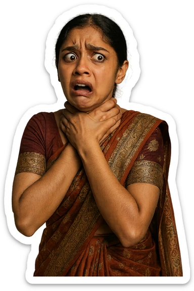 A girl wearing a saree, hands tightly around her own neck as if choking, South Asian features, dramatic expression, intricate patterns, no background sticker