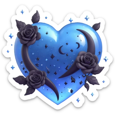 3D emoji gothic heart, midnight blue glass, silver crescent moon, tiny black roses, shimmering stardust, lightning bolt effect, rain-soaked look, cracked glass texture sticker