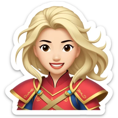 Cinematic Playful Mulan Portrait Emoji, Mid-laugh with a strand of hair falling over her face, adjusting her armor, eyes full of adventure, exuding an irresistible mix of beauty and fun, the perfect blend of warrior and princess! sticker