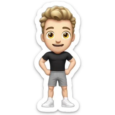 amazed Open with surprise mouth Pale skinned Fit Man With the biceps and dark brown hair in black shirt, gray sports shorts and white Sneakers sticker