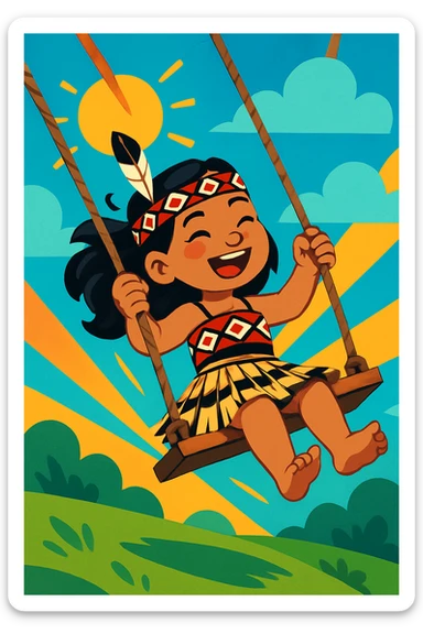 A Maori girl with a feathered headband, swinging high, wearing a traditional piupiu skirt, bright and animated scene sticker