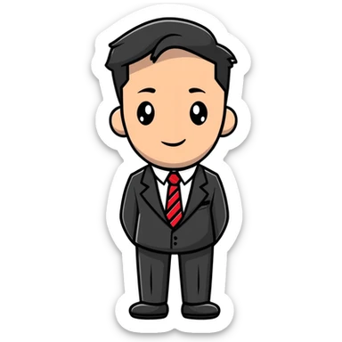 man wearing a suit with black horizontal stripes and a red tie sticker