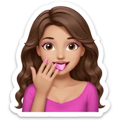 girl with long wavy brown hair, brown eyes, long lashes makeup, pink lips, light to medium complexion, pink sexy top, smiling, hand covering the mouth, giggling sticker