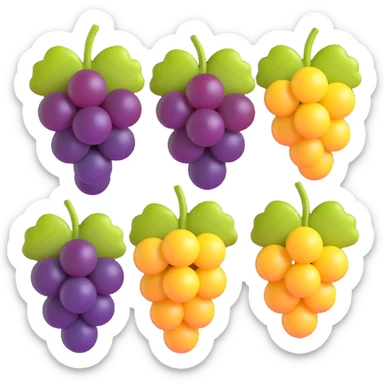 three bunches of grapes in 3D emoji style, dark purple, light yellow, and light red grapes side by side, each bunch with grape leaves, realistic and fresh appearance, no background sticker