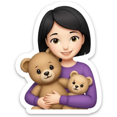make an emoji a girl with short black hair hugging teddy bear and smile happiest sticker
