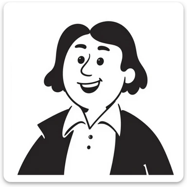 Fat white man, black hair parted in the middle to the shoulders smiling, white shirt and black jacket sticker