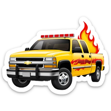 Yellow 1997 Chevrolet C-2500 Crew Cab Silverado with red flame design only on the front bumper, 30-degree view showing detailed bumper flames, Kill Bill movie vehicle, iOS emoji style sticker