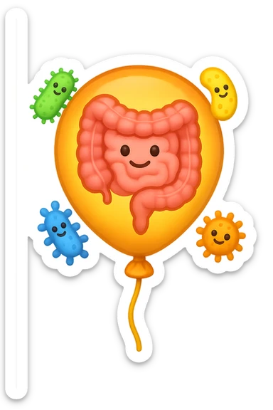 emoji stile iphone di un palloncino con intestino dentro e batteri intestinali intorno sticker