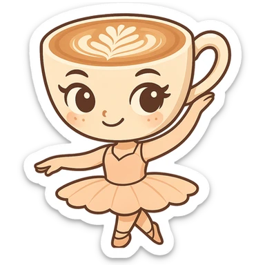 Create a cartoon emoji-style character based on the reference image of a ballerina with a cappuccino cup for a head, expressive eyes, and a tutu. The character should be standing still in a neutral pose, maintaining a whimsical, cute, and lively vibe. Style it in chibi stickers emoji style. sticker