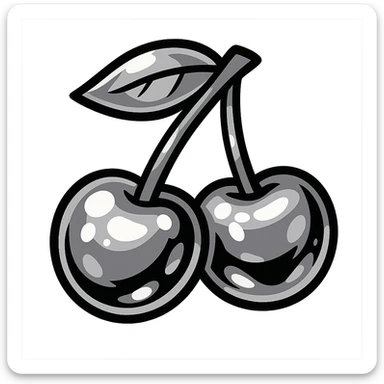 stylized silver metal cherries, cartoonish, with glossy highlights, metallic shine, transparent background sticker