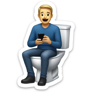 Man sitting on toilet with phone sticker