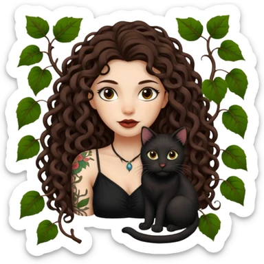 woman with long curly brown hair, brown eyes, white skin, tattoos, black cat tangled in living vines sticker