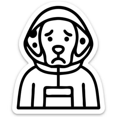dalmatian in a yellow rain jacket, looking sad, 2D, thick black lines, outlined icon style sticker