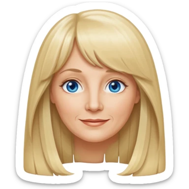 50 yr old white woman, curtain bangs, very long straight blond hair, oval face, small smile, blue eyes sticker
