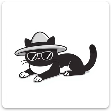a cat in a summer panama hat with large brim, wearing sunglasses, lying on its stomach with its head resting on the ground sticker