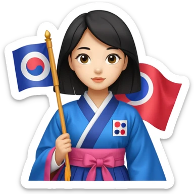 black hair girl with colorful hanbok holding south korea flag with white background sticker