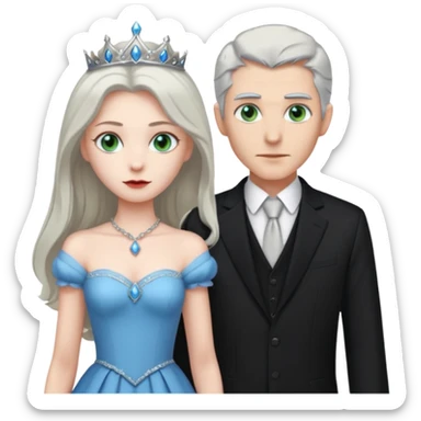 A tall vampire man with gray hair and blue eyes standing by a princess with light brown hair and green eyes sticker