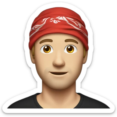 White man in a black T-shirt and a red bandana sticker