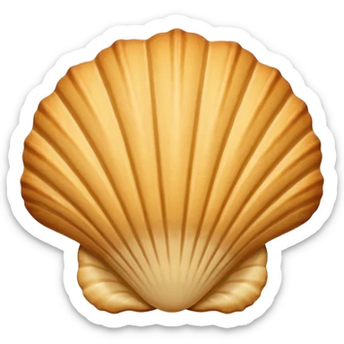 A madeleine pastry. Scalloped seashell shape with ONLY four to five vertical lines going in the same direction. Light golden brown. Scalloped edge. Cookie. Flat. Long. Oval shape sticker