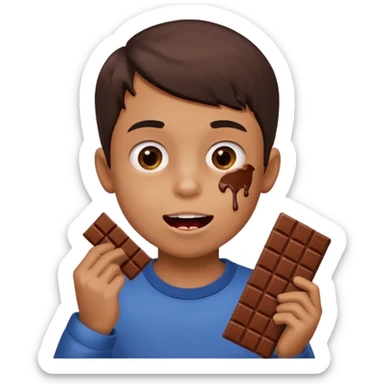 A boy holding a chocolate bar with him chewing on the bite he took sticker
