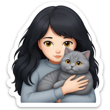 A girl with long black  hair tightly hugged a british shorthair sticker