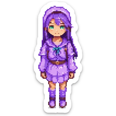 Change the girl's clothes to purple, keep the pixel art style, with no background. sticker