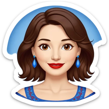 Woman in her 40s with clear skin, round face, wide friendly smile, big light brown eyes, vibrant red lipstick, shoulder-length wavy dark brown hair, white top with blue embroidery and electric blue neckline, mature elegant look sticker