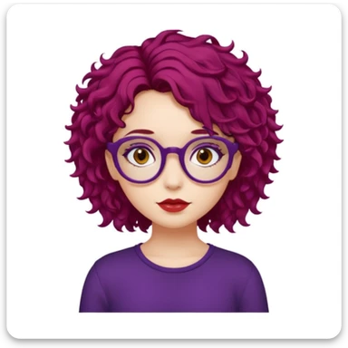 girl, almond brown eyes, red rectangle glasses, curly mid-short hair, deep purple hair, red top, casual-goth sticker