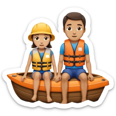 a wood boat upside down, with 2 people sitting on top trying to stay afloat. sticker