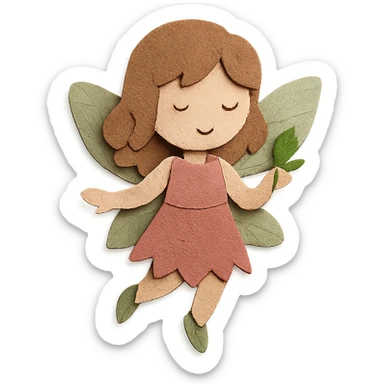 fairycore girl with brown, light pink, and green fairy clothes and wings, light brown hair, textured and cute, paper craft style sticker
