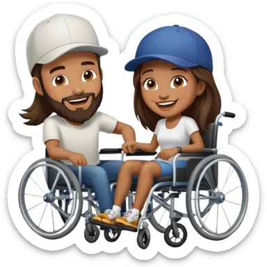 Tan skinned man with a beard and fitted cap in a wheelchair and a brown skinned woman with long dark hair in a wheelchair laughing  sticker