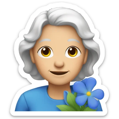 an old woman holds blue flowers sticker