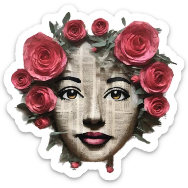 Person face portrait made entirely of newspaper cuttings and roses sticker