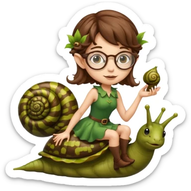 tiny forest elf woman brown wavy hair glasses riding a snail sticker