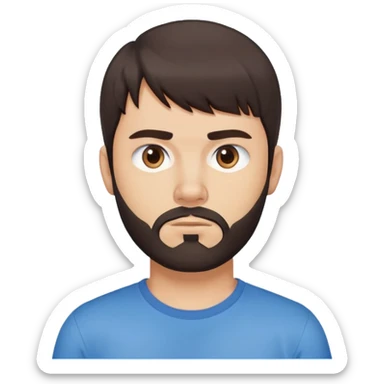 Argentine male with straight dark brown hair and bangs, short complete beard, serious neutral face, wearing plain blue t-shirt sticker