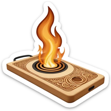Pyrography icon, wooden board with intricate burn marks, pyrography wood burner in use, detailed patterns, minimalistic style, clean lines, transparent background. sticker
