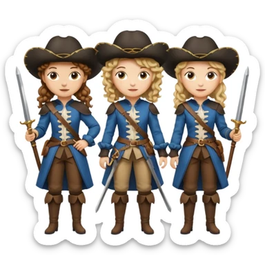 Three female musketeers ome with brown curly hair, one with blond one with blond in pony tail sticker