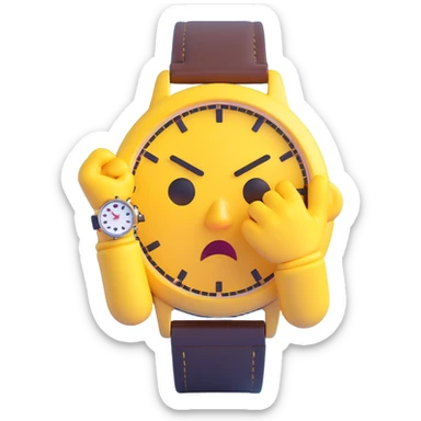 A yellow emoji face with a worried expression, looking at a wristwatch with raised eyebrows, showing urgency and stress sticker