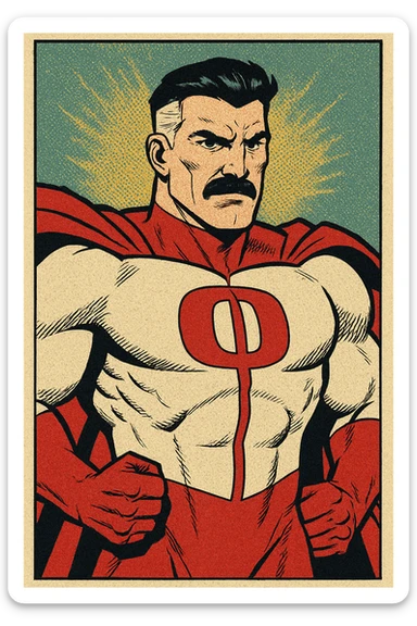 Omni-Man superhero character, muscular build, red and white suit, mustache, stern expression, comic book style sticker