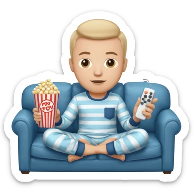 male memoji, in pajamas, sitting on couch, holding TV remote controller, relaxed face, casual home vibe, popcorn bucket on couch sticker
