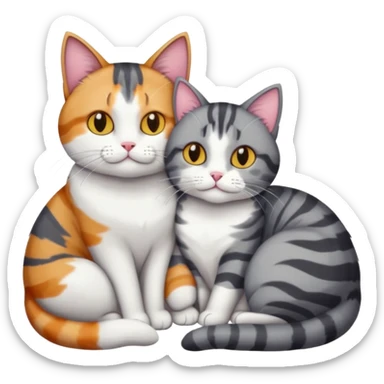 full body colourful light patched calico + white tabby cat cuddling a bigger cat that is dark grey and white tabby cat  and they are in love sticker