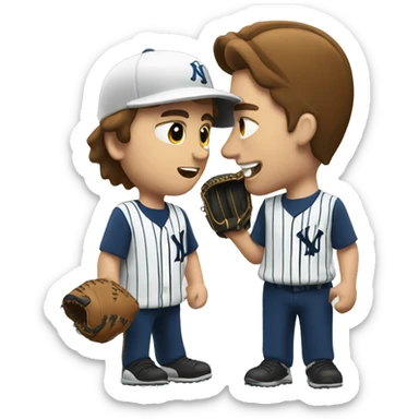 Man with brown hair negotiating with a baseball player in pinstripes sticker