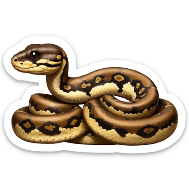 A photo-realistic digital illustration of a Ball Python, chest upward, with a short, rounded head, thick body, and a calm, curious expression. It has a warm brown base color with irregular dark blotches shaped like “alien heads,” and matte-textured scales that emphasize its small, stocky form. sticker