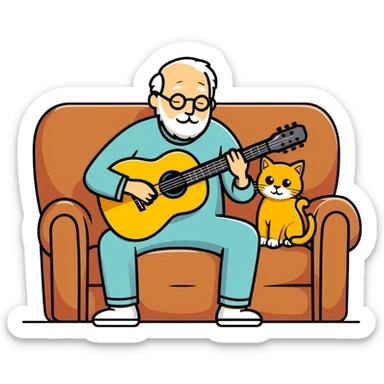  old blind man playing guitar  on the couch with his golden cat  sticker